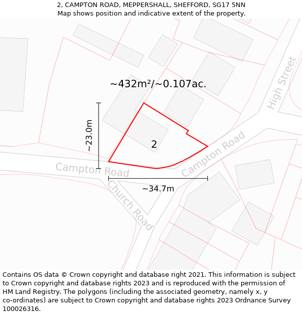 2, CAMPTON ROAD, MEPPERSHALL, SHEFFORD, SG17 5NN: Plot and title map