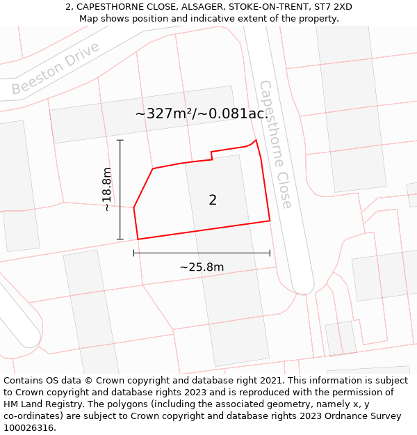 2, CAPESTHORNE CLOSE, ALSAGER, STOKE-ON-TRENT, ST7 2XD: Plot and title map