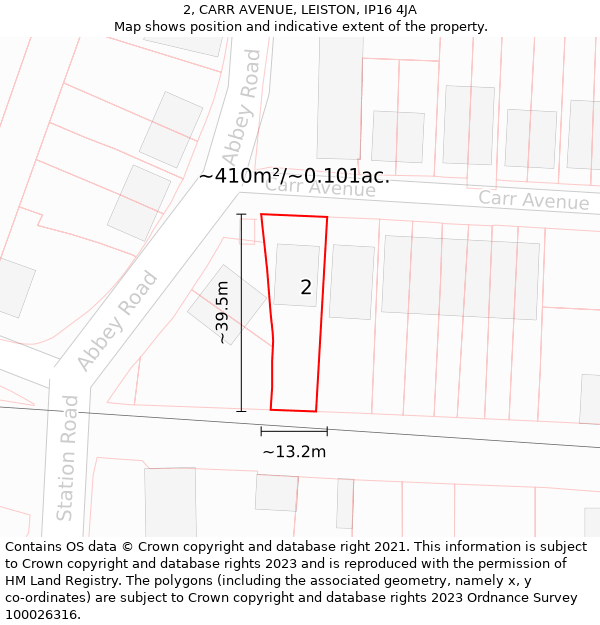 2, CARR AVENUE, LEISTON, IP16 4JA: Plot and title map