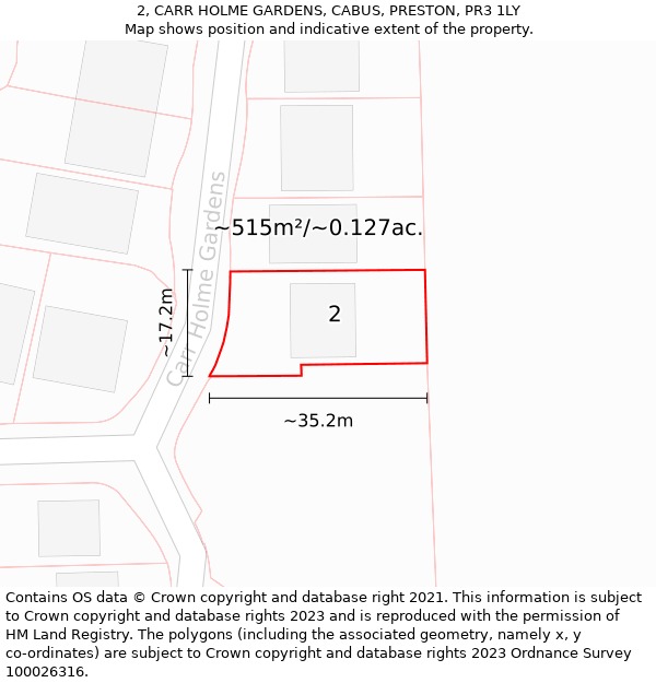 2, CARR HOLME GARDENS, CABUS, PRESTON, PR3 1LY: Plot and title map