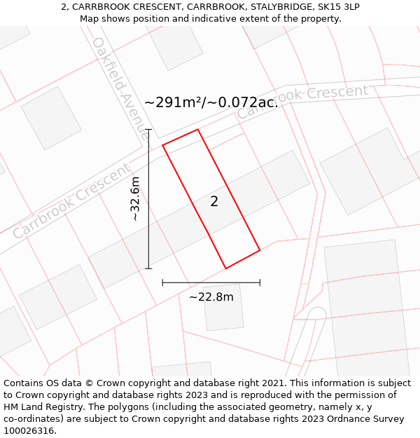 2, CARRBROOK CRESCENT, CARRBROOK, STALYBRIDGE, SK15 3LP: Plot and title map