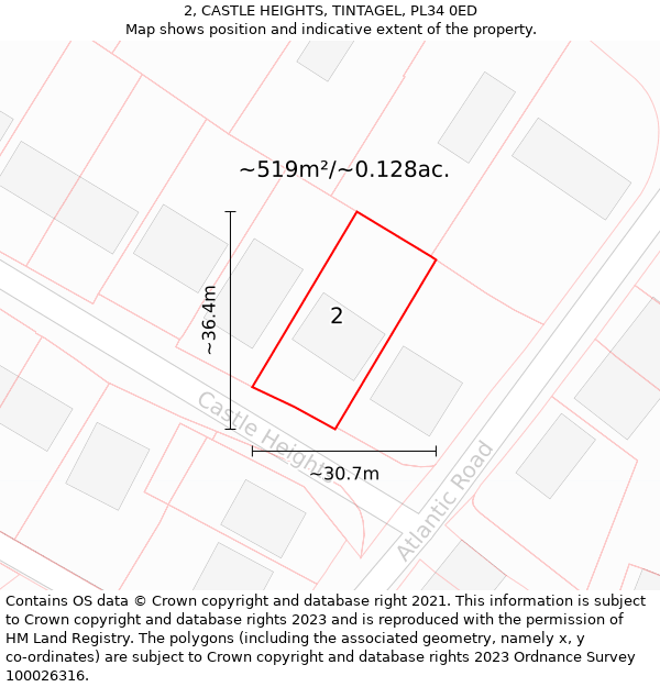 2, CASTLE HEIGHTS, TINTAGEL, PL34 0ED: Plot and title map