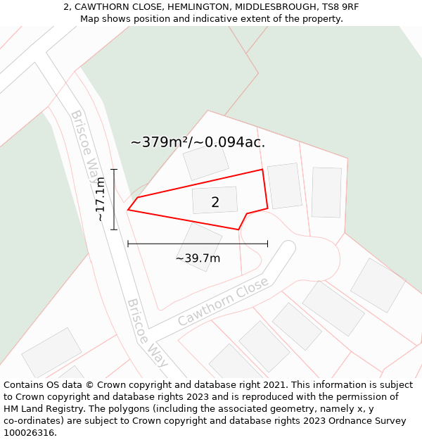 2, CAWTHORN CLOSE, HEMLINGTON, MIDDLESBROUGH, TS8 9RF: Plot and title map