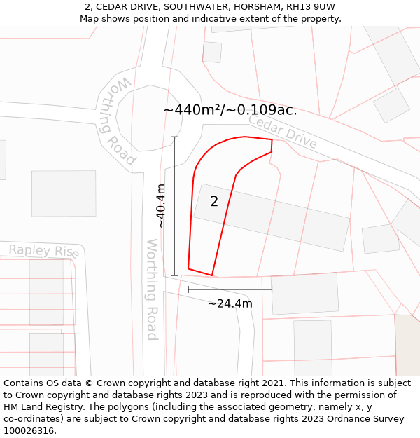 2, CEDAR DRIVE, SOUTHWATER, HORSHAM, RH13 9UW: Plot and title map