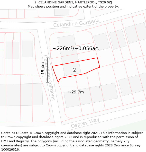 2, CELANDINE GARDENS, HARTLEPOOL, TS26 0ZJ: Plot and title map