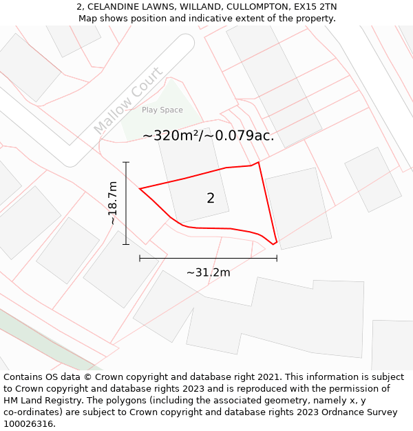 2, CELANDINE LAWNS, WILLAND, CULLOMPTON, EX15 2TN: Plot and title map