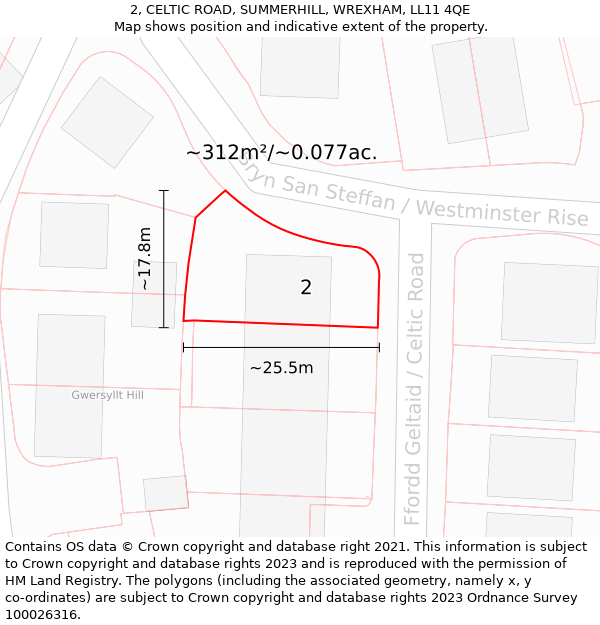 2, CELTIC ROAD, SUMMERHILL, WREXHAM, LL11 4QE: Plot and title map