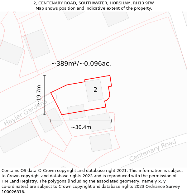 2, CENTENARY ROAD, SOUTHWATER, HORSHAM, RH13 9FW: Plot and title map