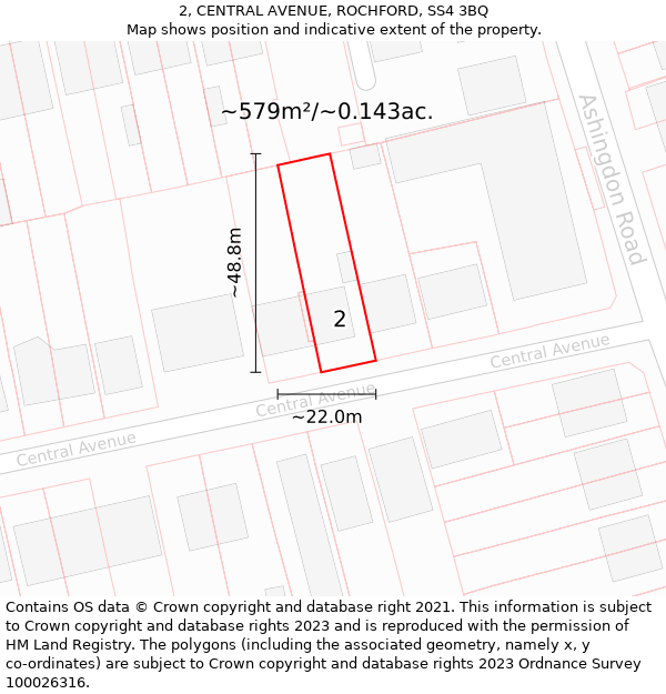 2, CENTRAL AVENUE, ROCHFORD, SS4 3BQ: Plot and title map