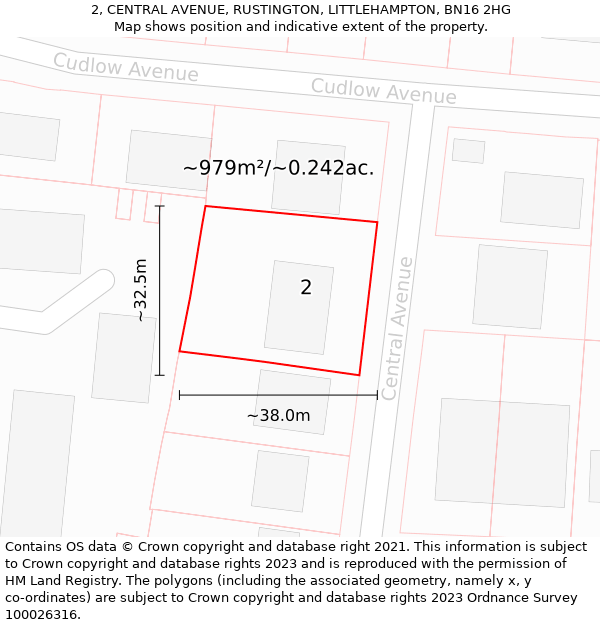 2, CENTRAL AVENUE, RUSTINGTON, LITTLEHAMPTON, BN16 2HG: Plot and title map