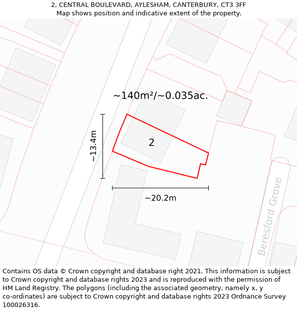 2, CENTRAL BOULEVARD, AYLESHAM, CANTERBURY, CT3 3FF: Plot and title map