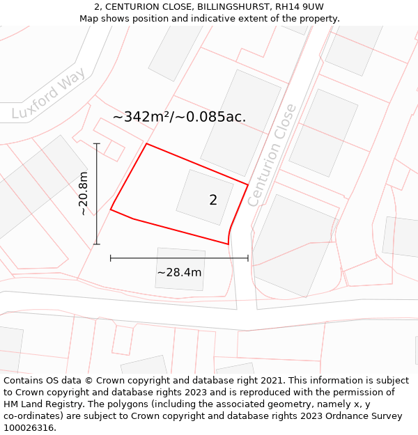 2, CENTURION CLOSE, BILLINGSHURST, RH14 9UW: Plot and title map