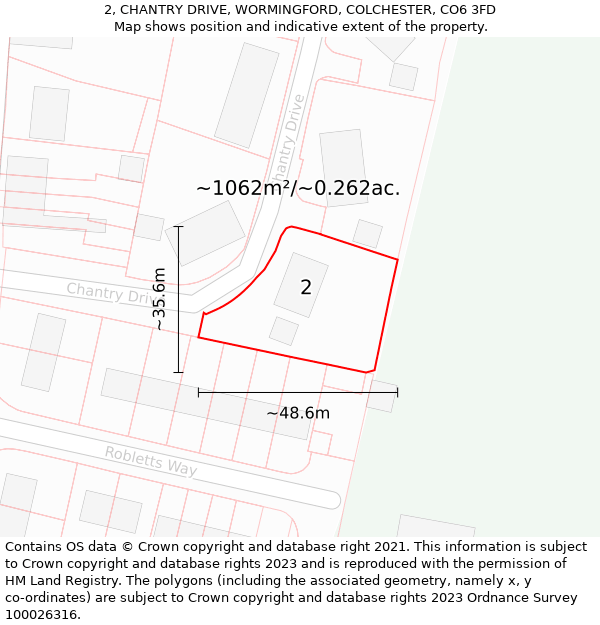 2, CHANTRY DRIVE, WORMINGFORD, COLCHESTER, CO6 3FD: Plot and title map