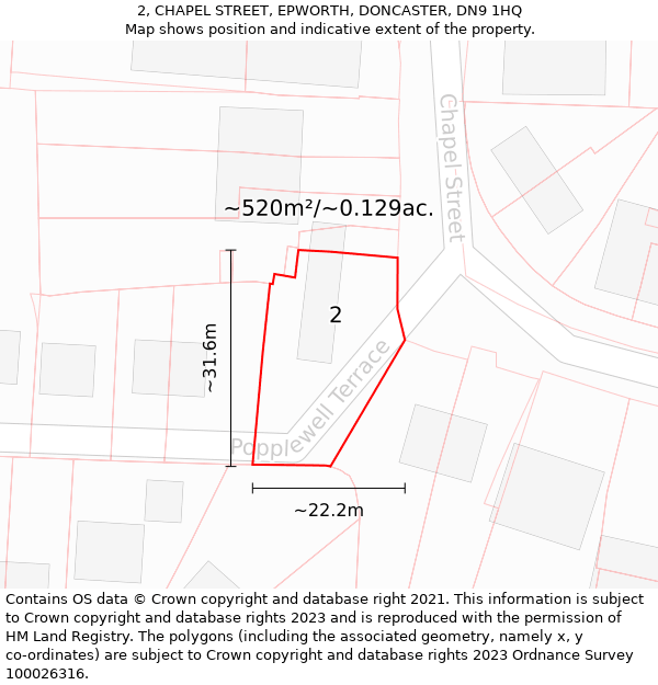 2, CHAPEL STREET, EPWORTH, DONCASTER, DN9 1HQ: Plot and title map