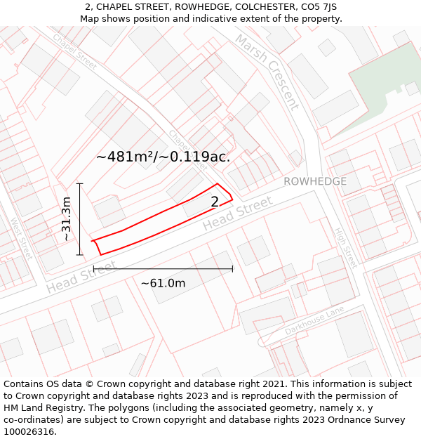 2, CHAPEL STREET, ROWHEDGE, COLCHESTER, CO5 7JS: Plot and title map