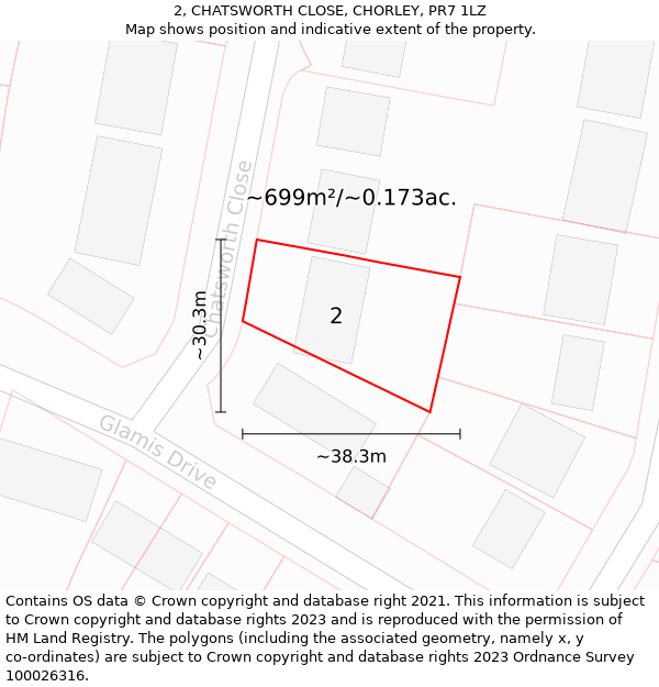 2, CHATSWORTH CLOSE, CHORLEY, PR7 1LZ: Plot and title map