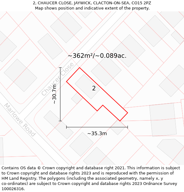 2, CHAUCER CLOSE, JAYWICK, CLACTON-ON-SEA, CO15 2PZ: Plot and title map