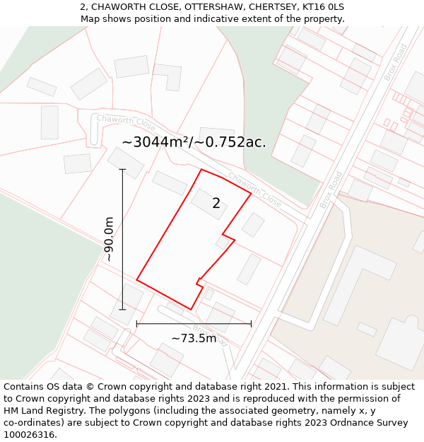 2, CHAWORTH CLOSE, OTTERSHAW, CHERTSEY, KT16 0LS: Plot and title map