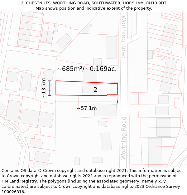 2, CHESTNUTS, WORTHING ROAD, SOUTHWATER, HORSHAM, RH13 9DT: Plot and title map