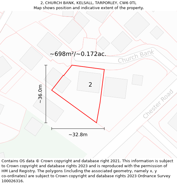 2, CHURCH BANK, KELSALL, TARPORLEY, CW6 0TL: Plot and title map