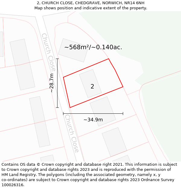 2, CHURCH CLOSE, CHEDGRAVE, NORWICH, NR14 6NH: Plot and title map