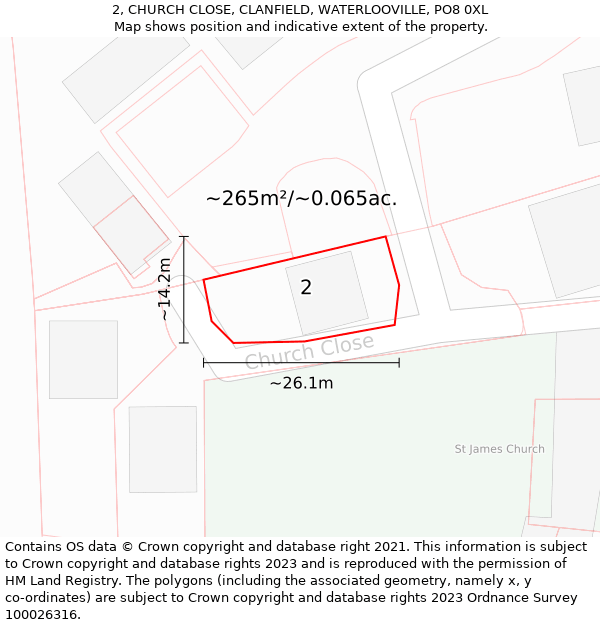 2, CHURCH CLOSE, CLANFIELD, WATERLOOVILLE, PO8 0XL: Plot and title map