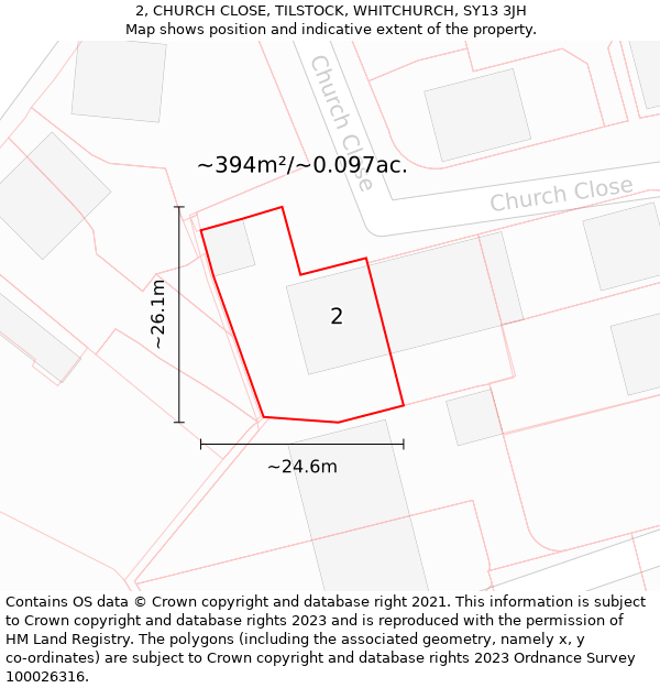 2, CHURCH CLOSE, TILSTOCK, WHITCHURCH, SY13 3JH: Plot and title map