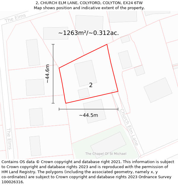 2, CHURCH ELM LANE, COLYFORD, COLYTON, EX24 6TW: Plot and title map