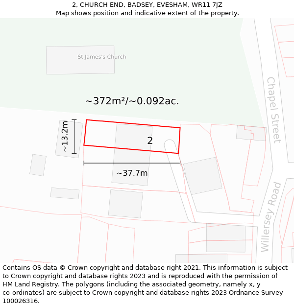2, CHURCH END, BADSEY, EVESHAM, WR11 7JZ: Plot and title map