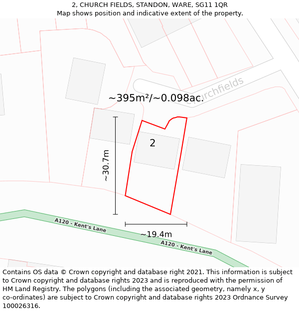 2, CHURCH FIELDS, STANDON, WARE, SG11 1QR: Plot and title map