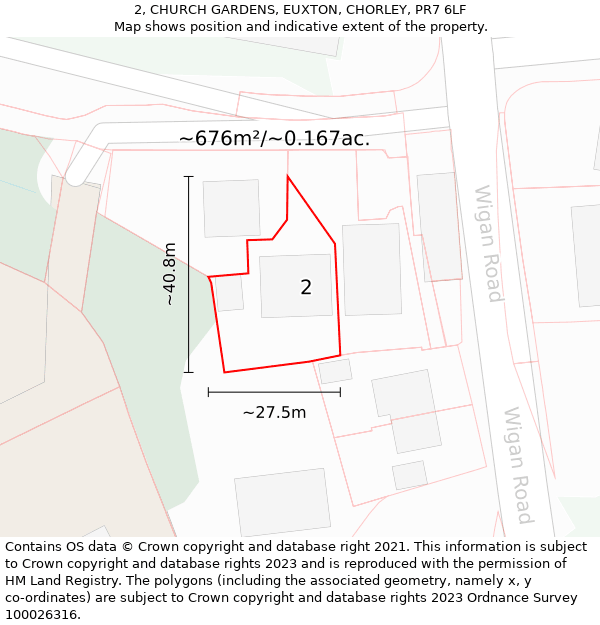 2, CHURCH GARDENS, EUXTON, CHORLEY, PR7 6LF: Plot and title map