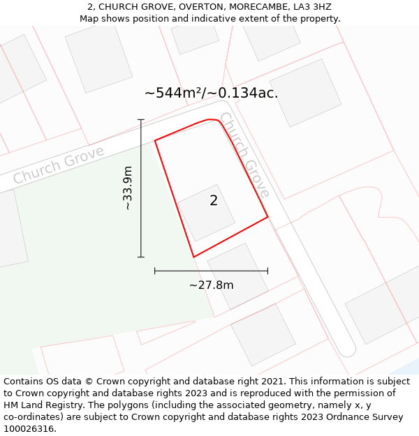 2, CHURCH GROVE, OVERTON, MORECAMBE, LA3 3HZ: Plot and title map