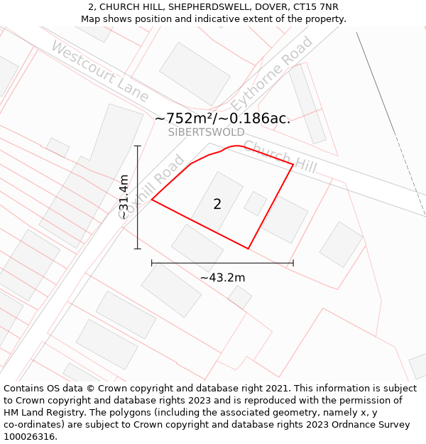 2, CHURCH HILL, SHEPHERDSWELL, DOVER, CT15 7NR: Plot and title map