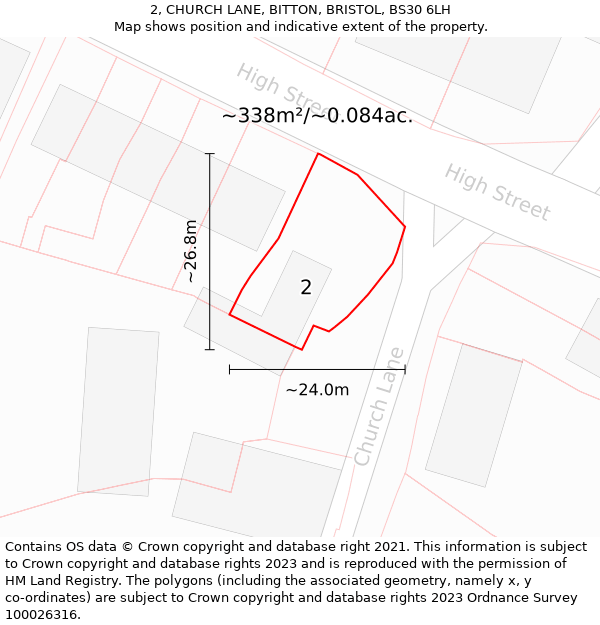 2, CHURCH LANE, BITTON, BRISTOL, BS30 6LH: Plot and title map