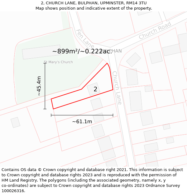 2, CHURCH LANE, BULPHAN, UPMINSTER, RM14 3TU: Plot and title map