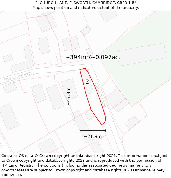 2, CHURCH LANE, ELSWORTH, CAMBRIDGE, CB23 4HU: Plot and title map