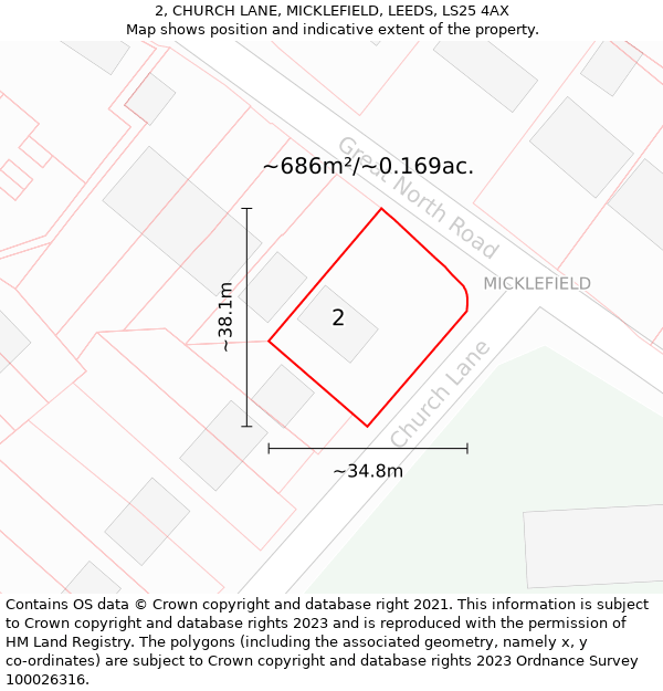 2, CHURCH LANE, MICKLEFIELD, LEEDS, LS25 4AX: Plot and title map