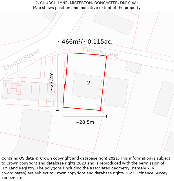 2, CHURCH LANE, MISTERTON, DONCASTER, DN10 4AL: Plot and title map