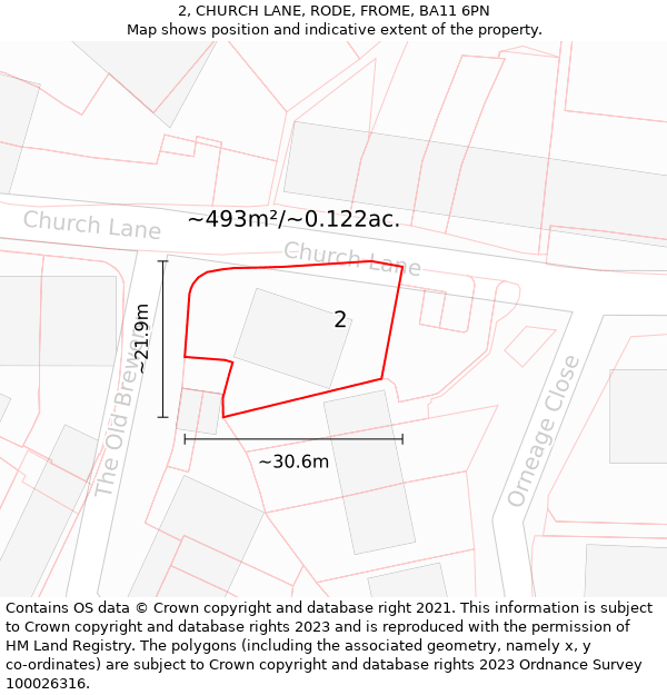 2, CHURCH LANE, RODE, FROME, BA11 6PN: Plot and title map