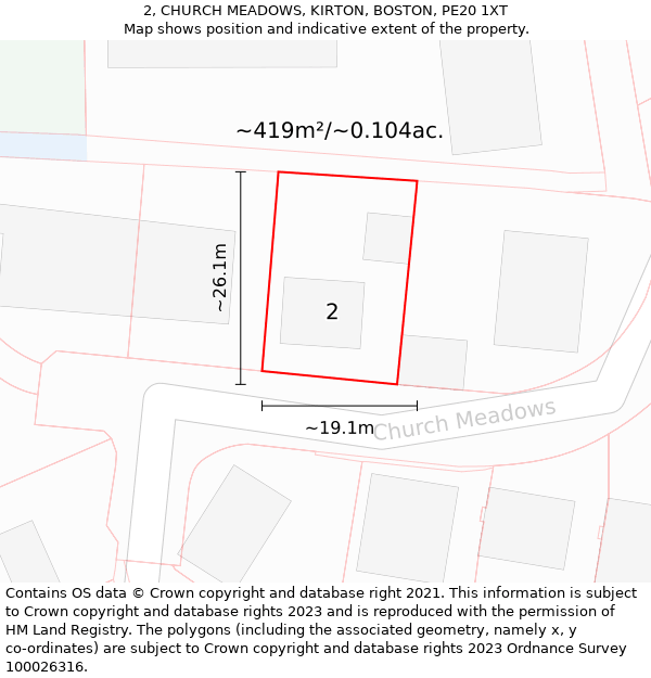 2, CHURCH MEADOWS, KIRTON, BOSTON, PE20 1XT: Plot and title map