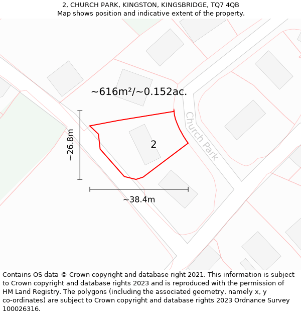 2, CHURCH PARK, KINGSTON, KINGSBRIDGE, TQ7 4QB: Plot and title map