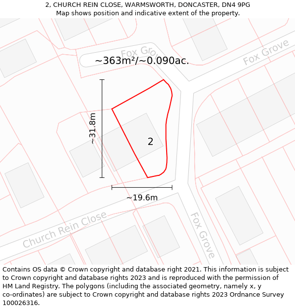 2, CHURCH REIN CLOSE, WARMSWORTH, DONCASTER, DN4 9PG: Plot and title map