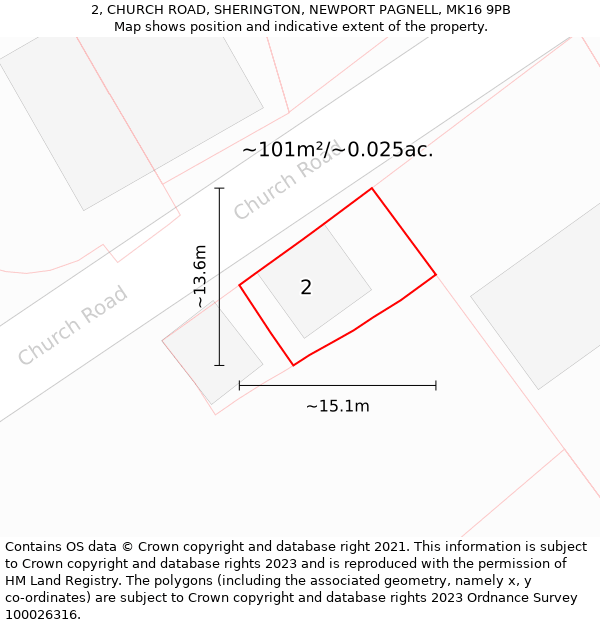 2, CHURCH ROAD, SHERINGTON, NEWPORT PAGNELL, MK16 9PB: Plot and title map