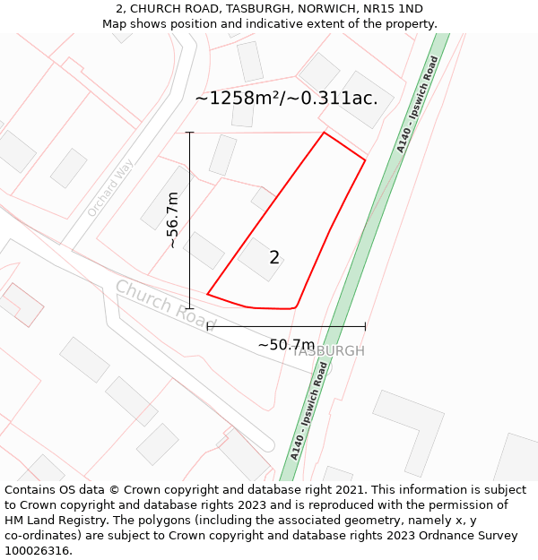 2, CHURCH ROAD, TASBURGH, NORWICH, NR15 1ND: Plot and title map