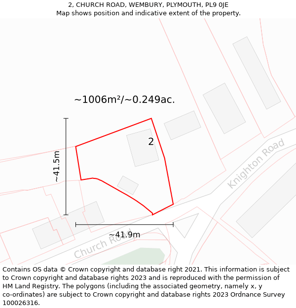 2, CHURCH ROAD, WEMBURY, PLYMOUTH, PL9 0JE: Plot and title map