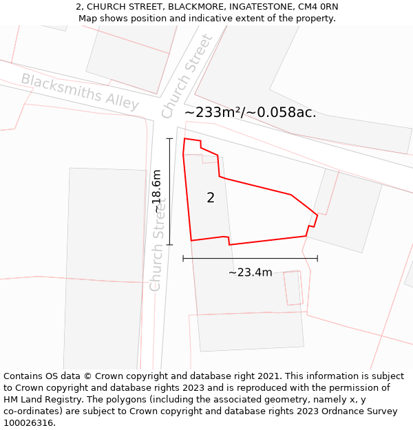 2, CHURCH STREET, BLACKMORE, INGATESTONE, CM4 0RN: Plot and title map