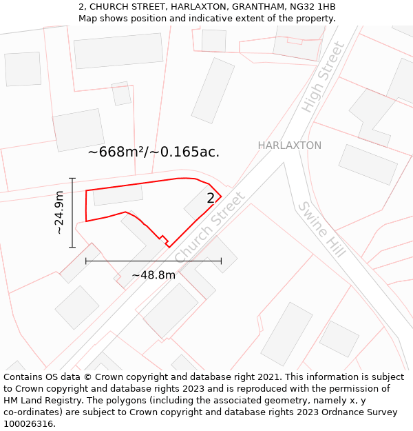 2, CHURCH STREET, HARLAXTON, GRANTHAM, NG32 1HB: Plot and title map