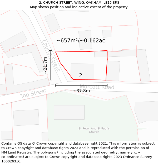 2, CHURCH STREET, WING, OAKHAM, LE15 8RS: Plot and title map