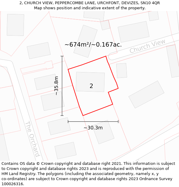 2, CHURCH VIEW, PEPPERCOMBE LANE, URCHFONT, DEVIZES, SN10 4QR: Plot and title map