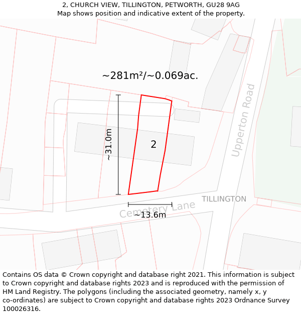 2, CHURCH VIEW, TILLINGTON, PETWORTH, GU28 9AG: Plot and title map